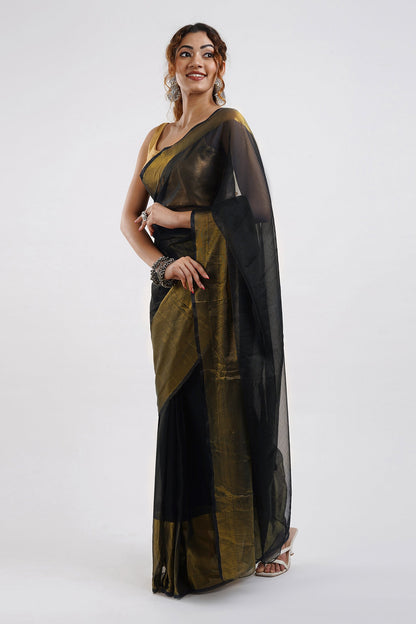 Teejh Sanah Black Chiffon Ready to Drape Saree