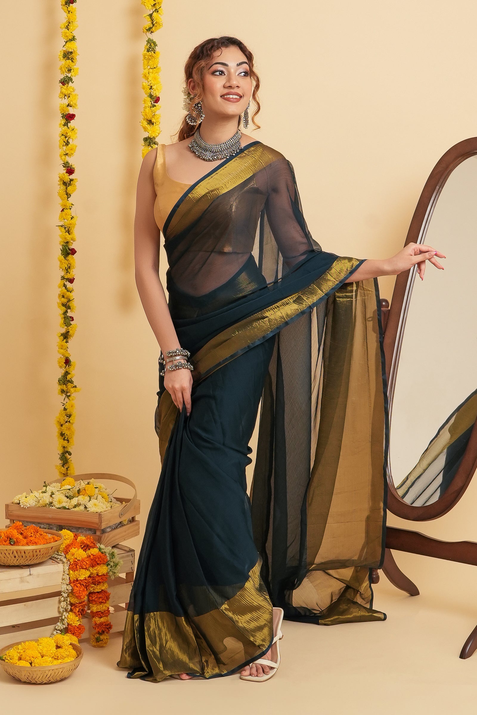Teejh Sanah Blue Chiffon Ready to Drape Saree