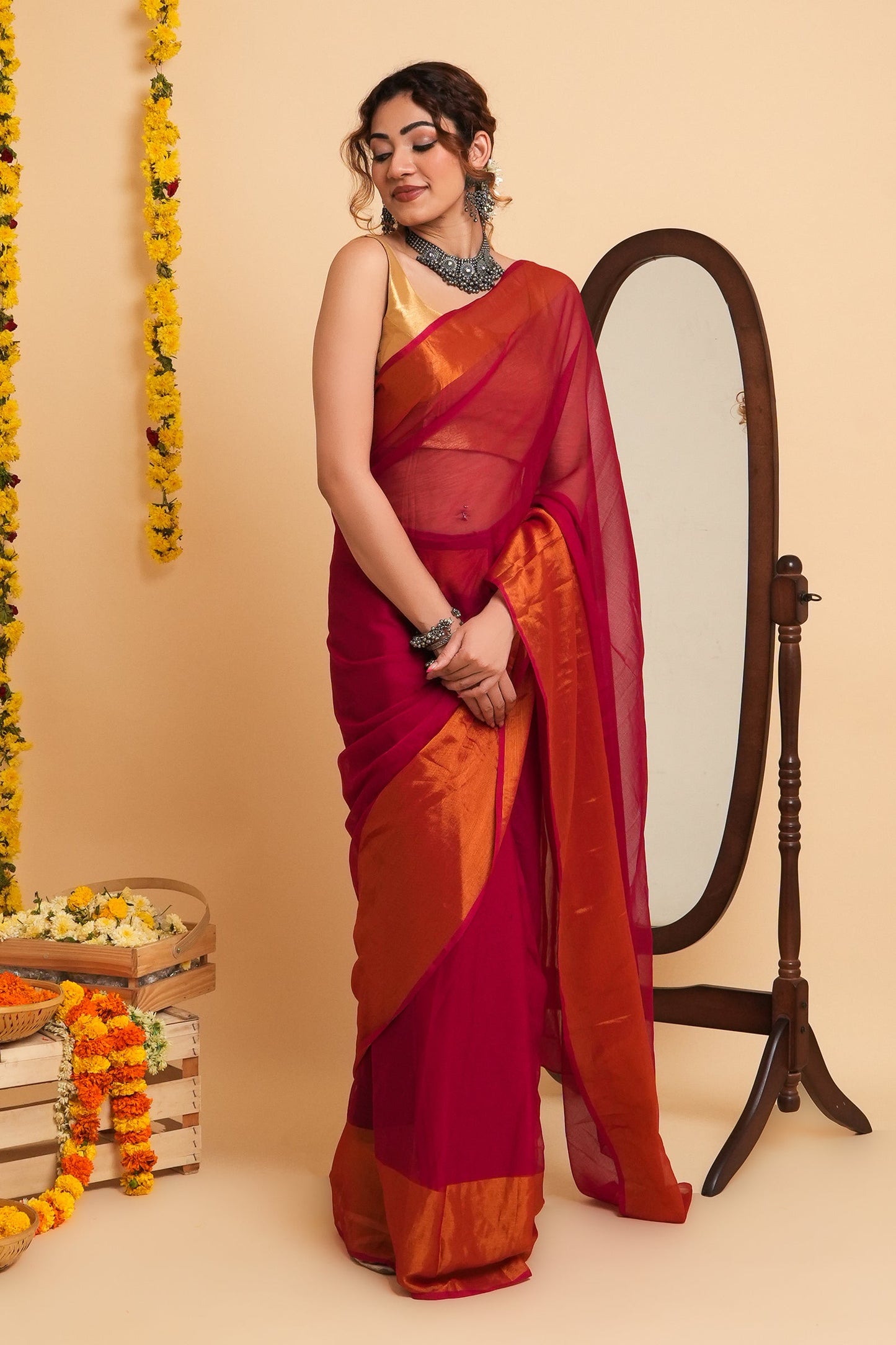Teejh Sanah Pink Chiffon Ready to Drape Saree