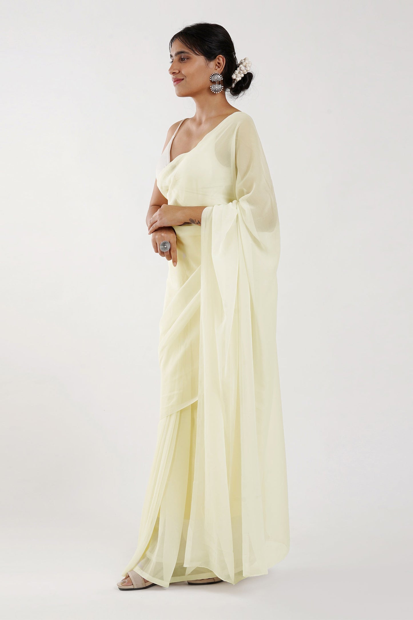 Teejh Farah Cream Georgette Ready to Drape Saree