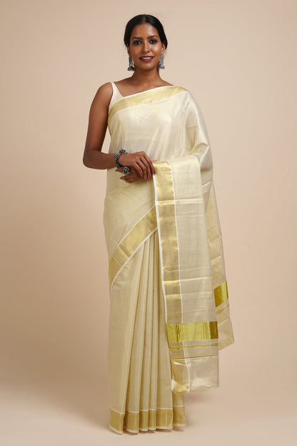 Teejh Ariata Golden Kerala Tissue Kasavu saree