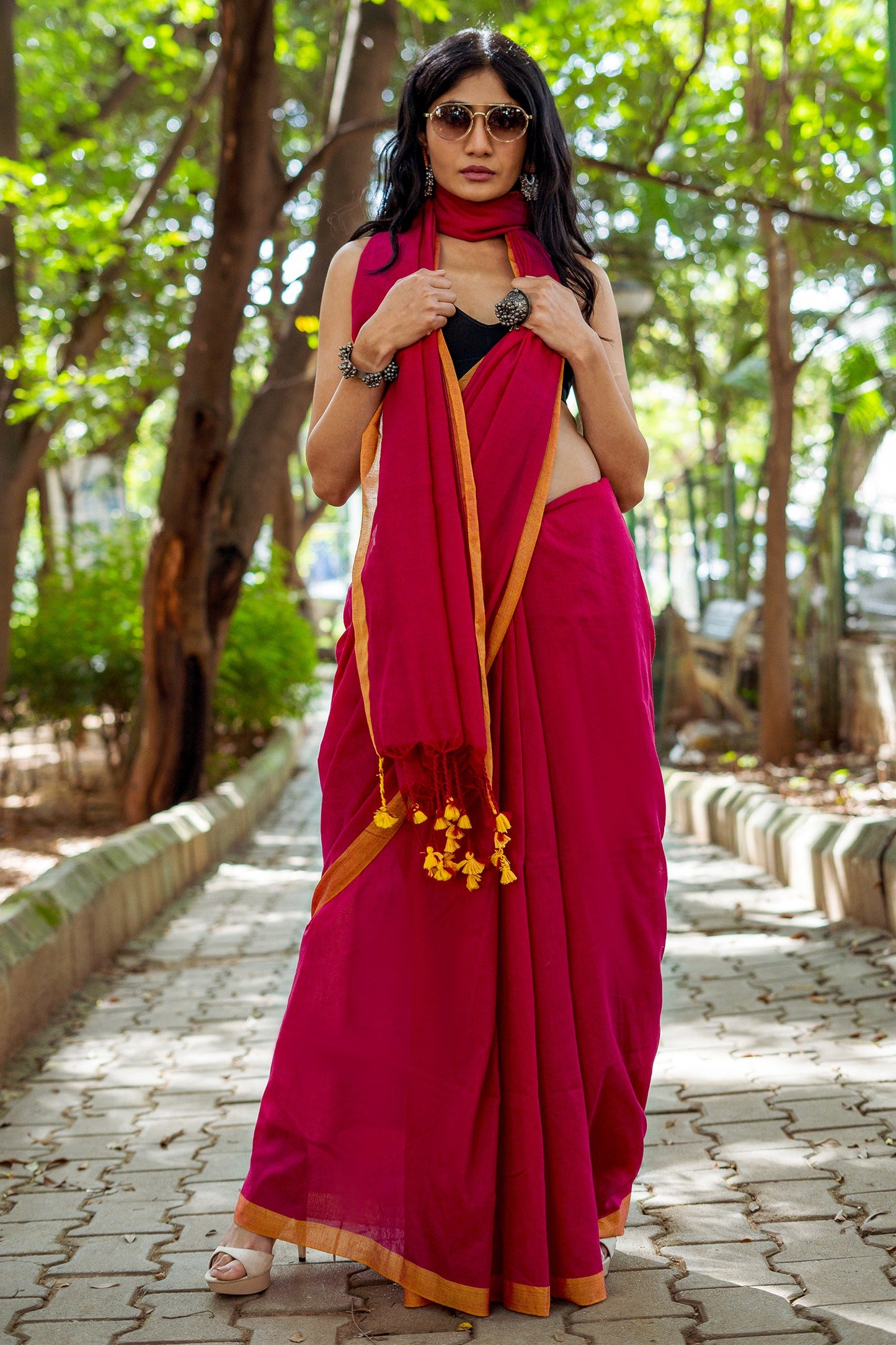 Teejh Kaira Hot Pink Mulmul Saree