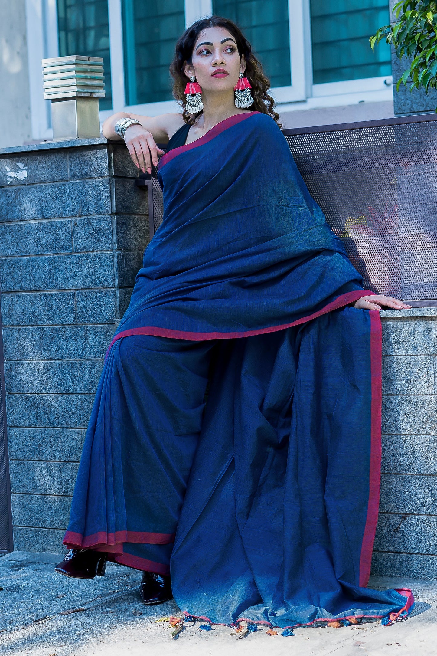 Teejh Kaira Prussian Blue Mulmul Saree