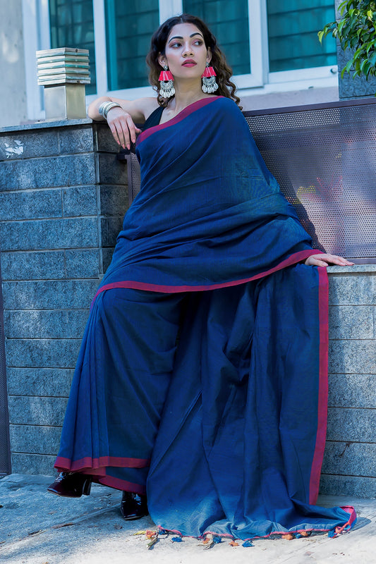 Teejh Kaira Prussian Blue Mulmul Saree