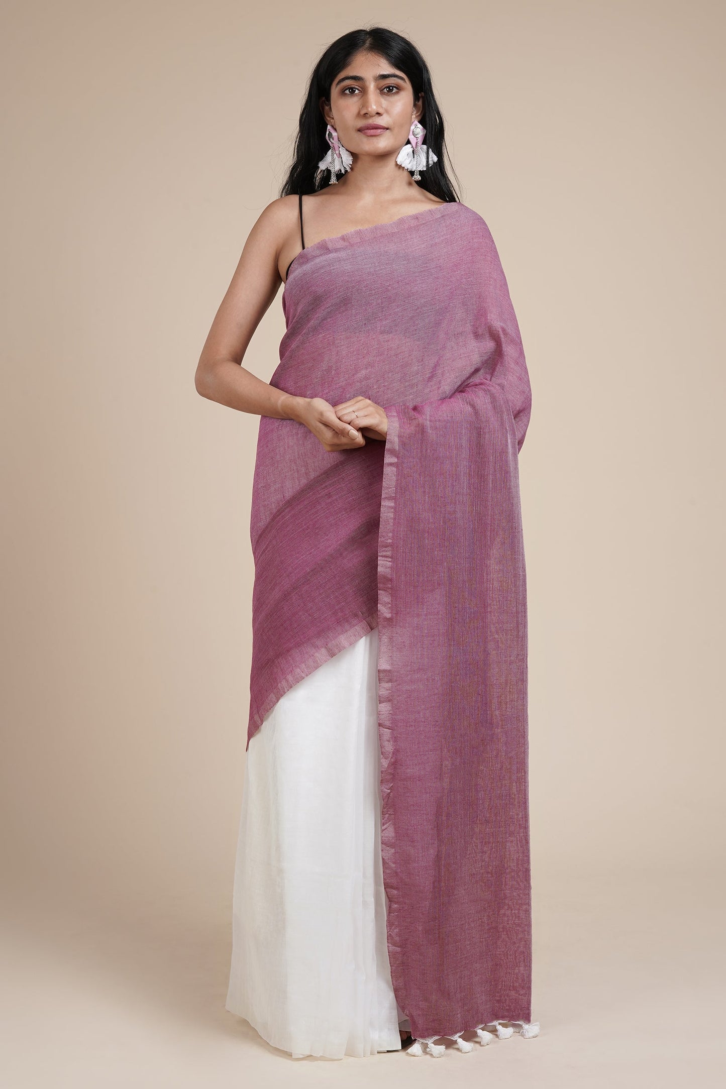 Teejh Iqra Onion Pink & White Mulmul Saree