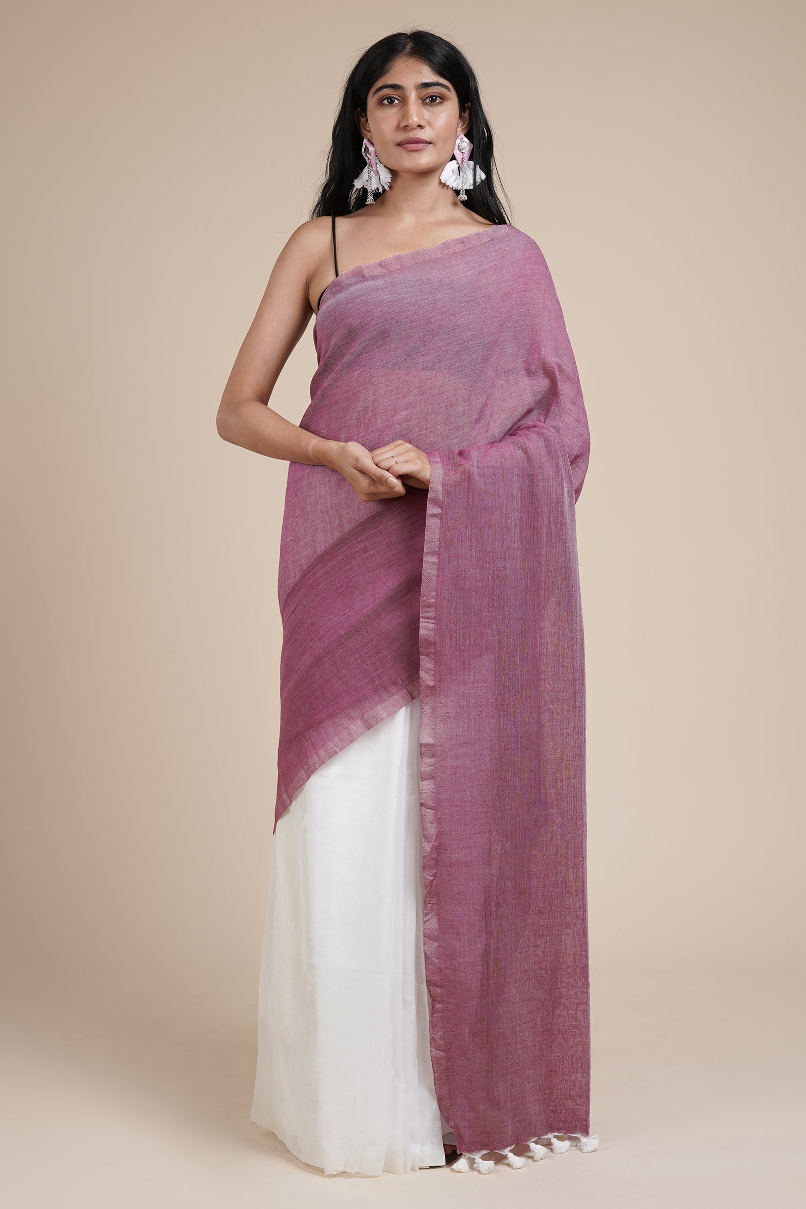 Teejh Iqra Onion Pink & White Mulmul Saree
