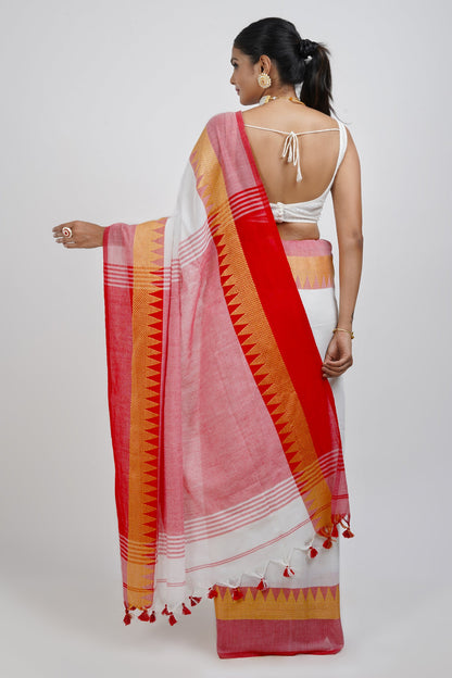 Teejh Aachal White & Red Soft Cotton saree