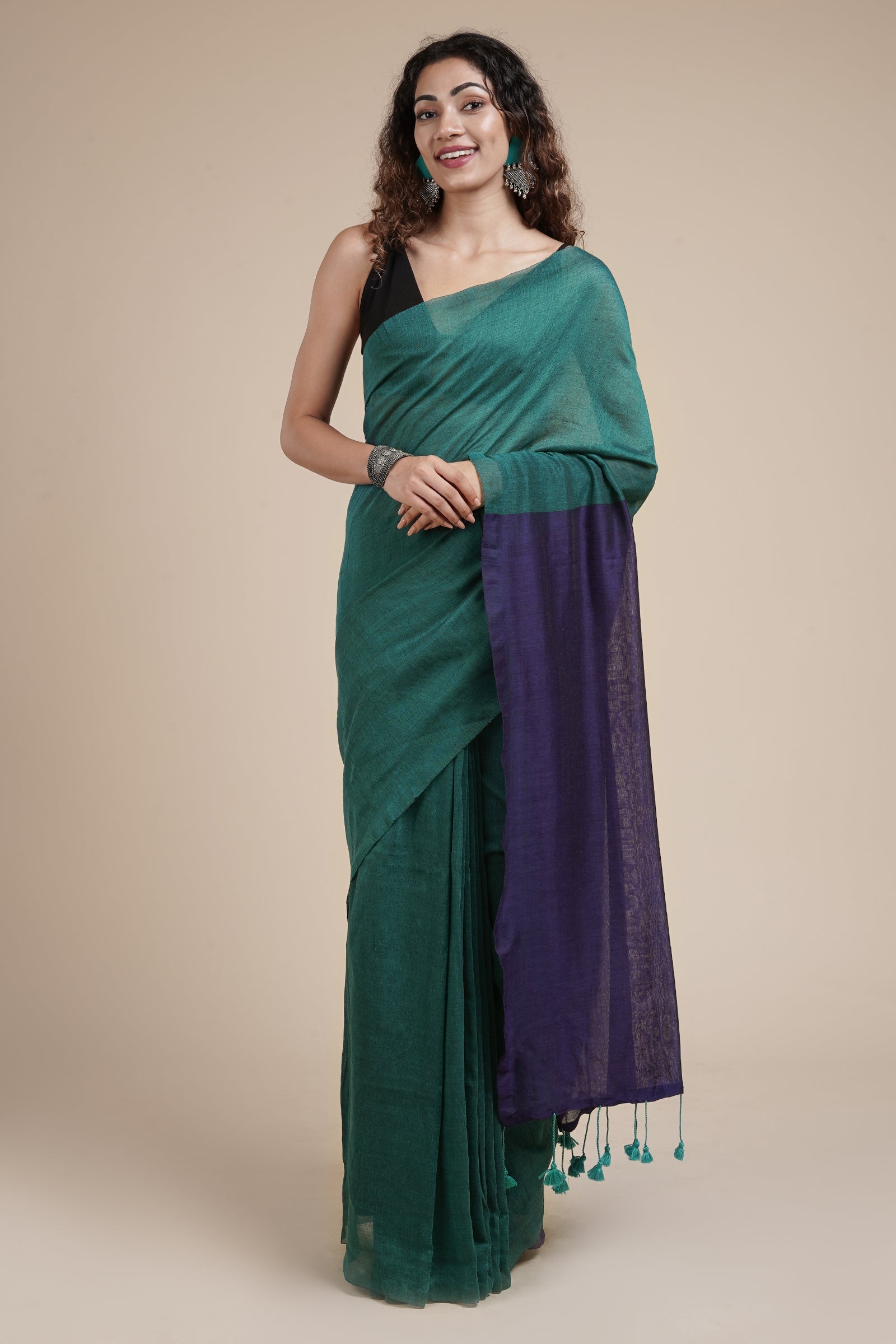 Teejh Pine Green and Blue Mulmul Cotton Saree