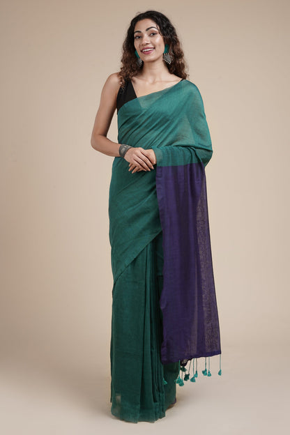 Teejh Pine Green and Blue Mulmul Cotton Saree