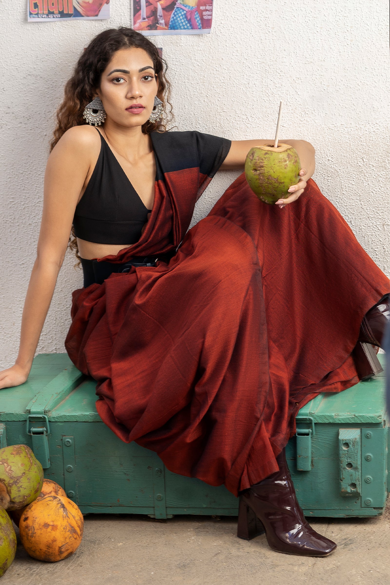 Teejh Varuni Rust Orange & Black Mulmul Saree