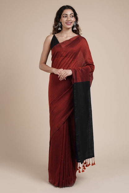 Teejh Varuni Rust Orange & Black Mulmul Saree