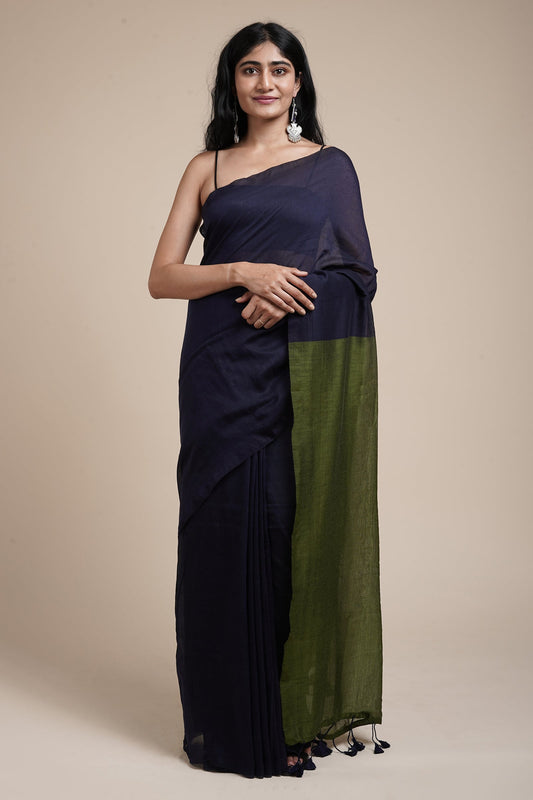 Teejh Varuni Blue & Olive Green Mulmul Saree
