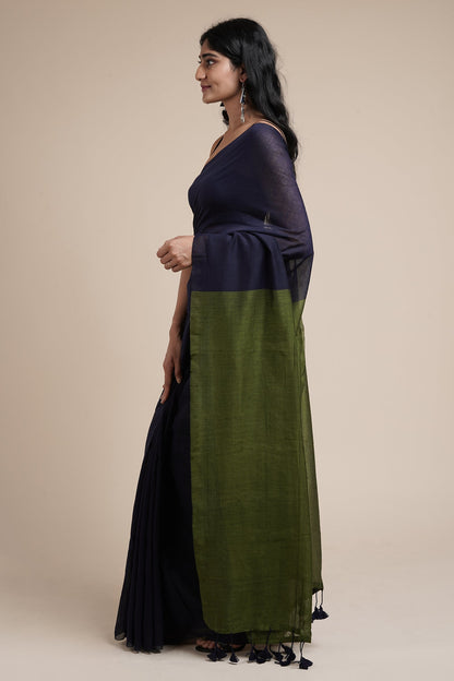 Teejh Varuni Blue & Olive Green Mulmul Saree