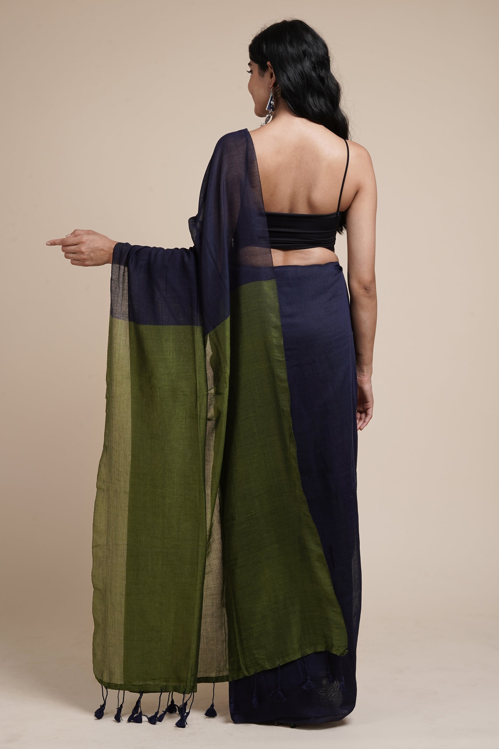 Teejh Varuni Blue & Olive Green Mulmul Saree