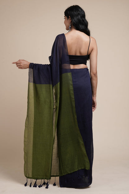 Teejh Varuni Blue & Olive Green Mulmul Saree