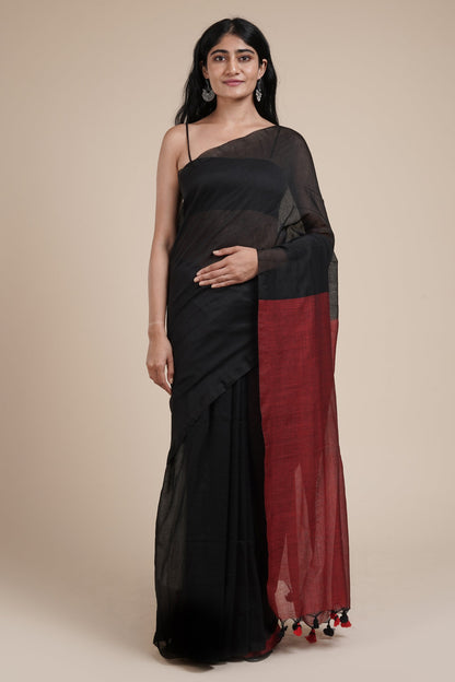 Teejh Varuni Black & Maroon Mulmul Saree
