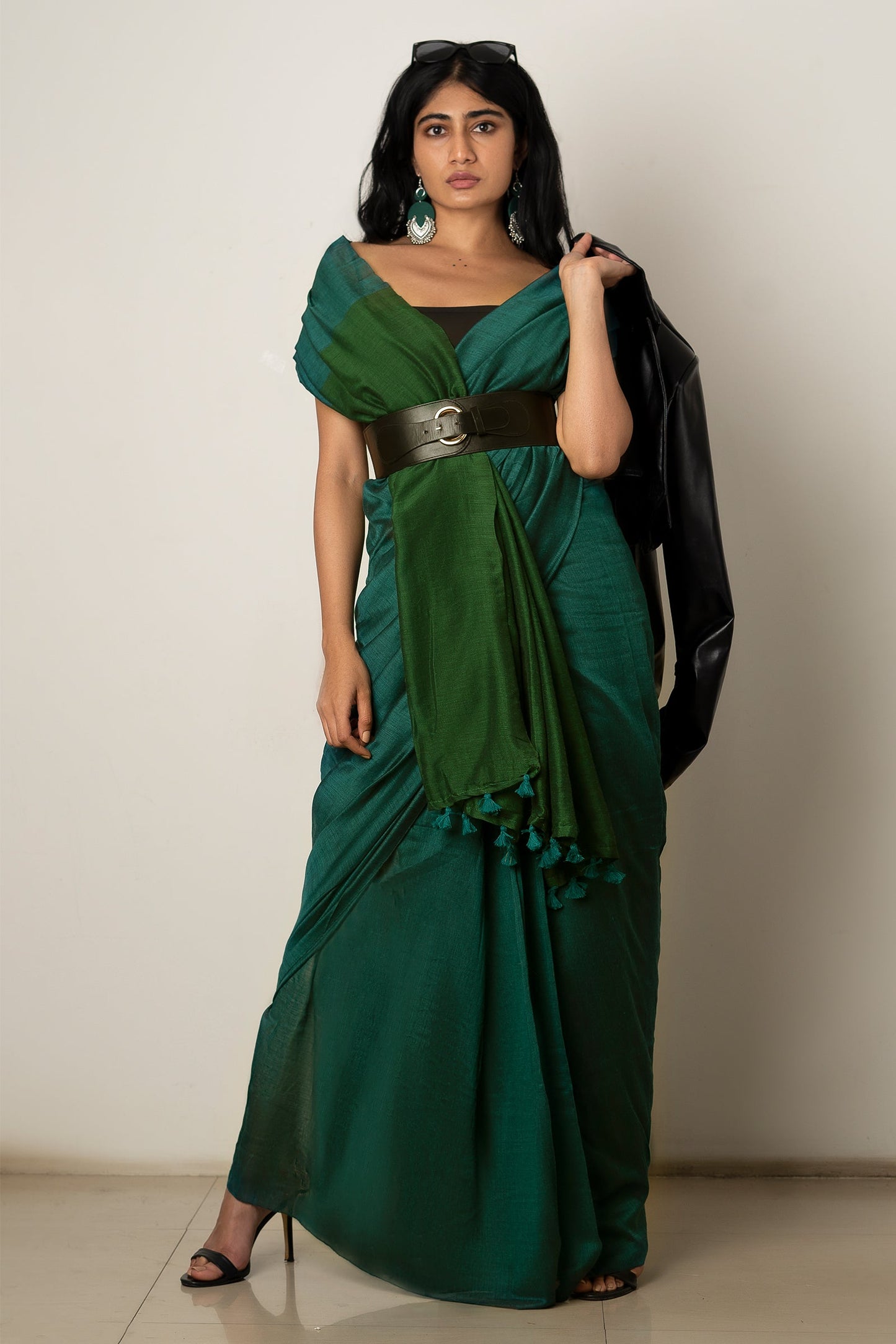 Teejh Varuni Peacock Blue & Green Mulmul Saree