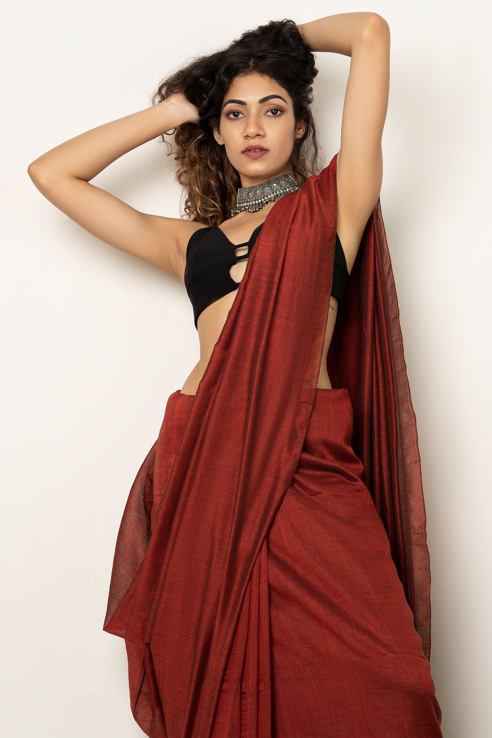 Teejh Takshi Maroon Mulmul Saree