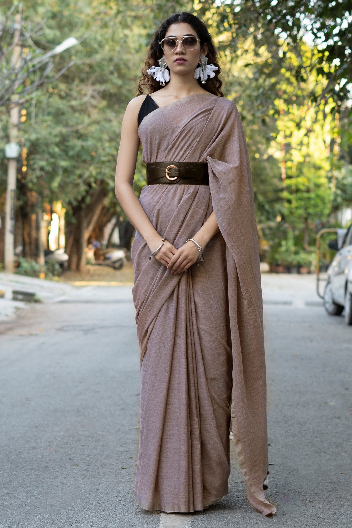 Teejh Takshi Brown Mulmul Saree