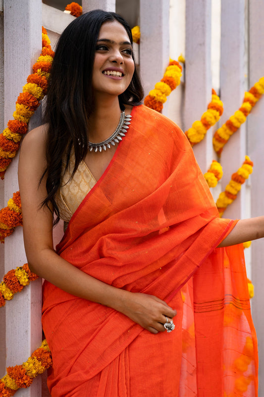 Teejh Zeenat Orange Cotton Silk Saree