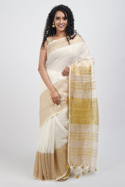 Teejh Laboni White & Gold Linen Saree