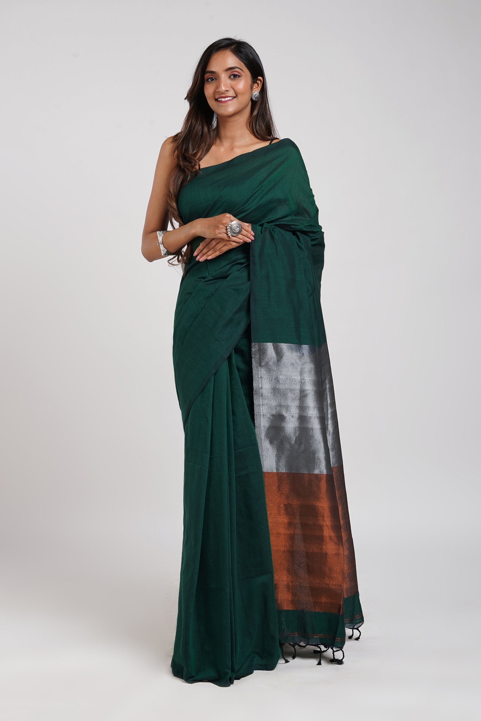 Teejh Mystical Green Hand Woven Cotton Tissue Saree with Blouse Piece