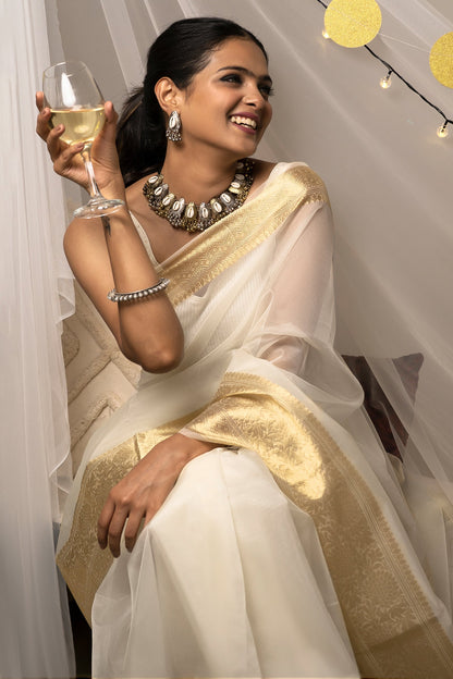 Teejh Zunaira Off White Organza Saree
