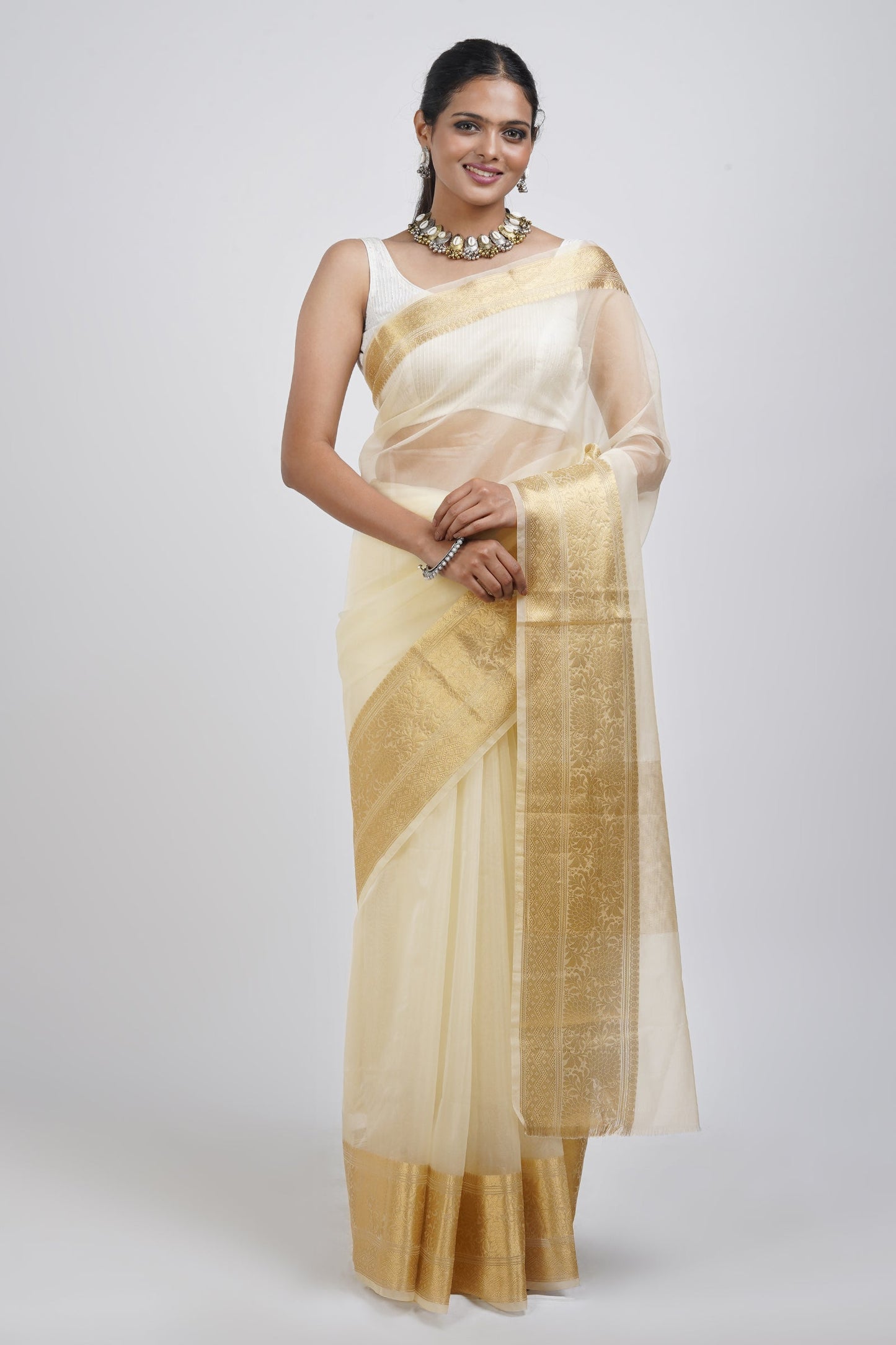 Teejh Zunaira Off White Organza Saree