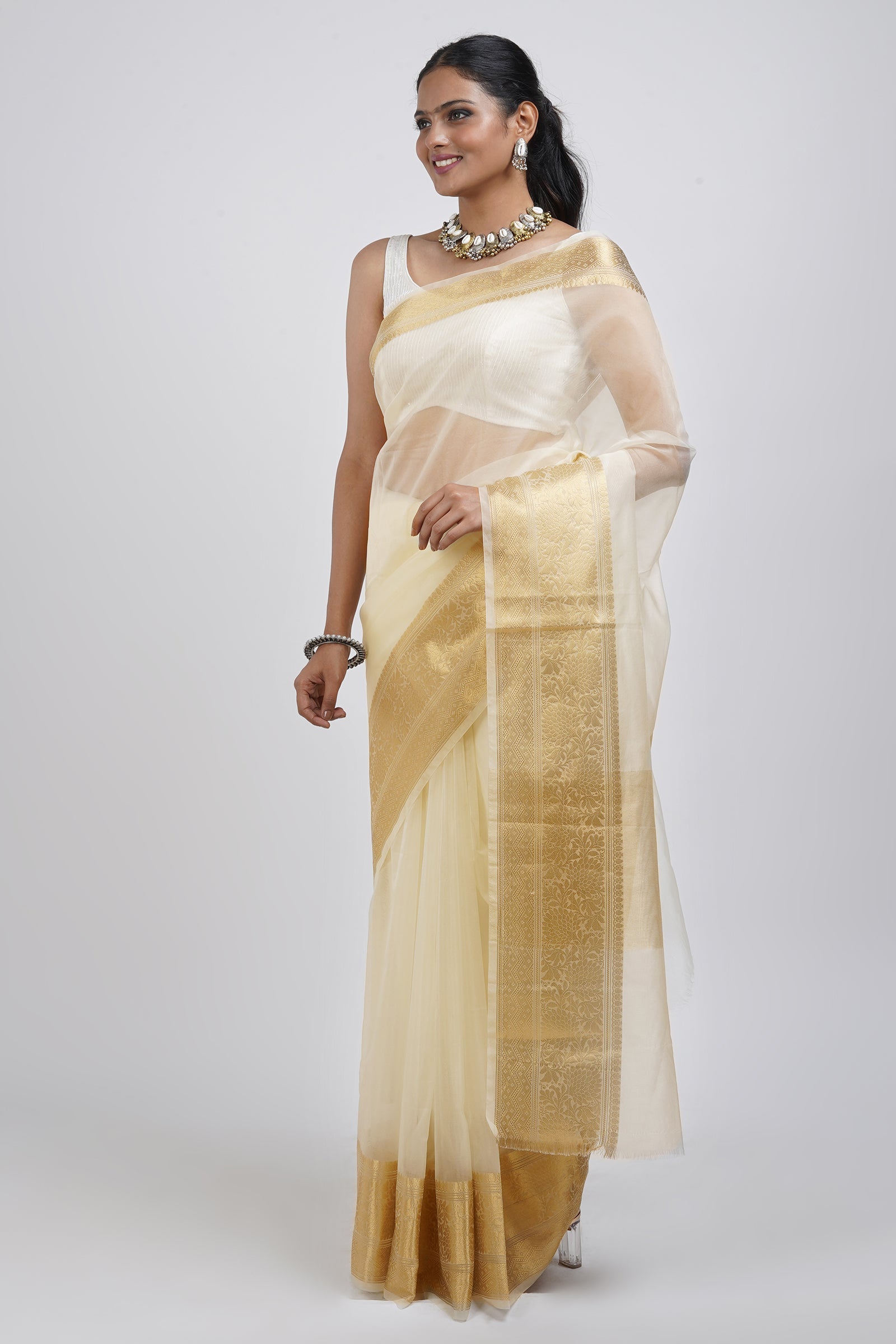 Teejh Zunaira Off White Organza Saree