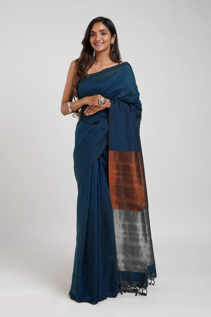 Teejh Inara Blue Hand Woven Cotton Tissue Weaving Saree with Blouse Piece