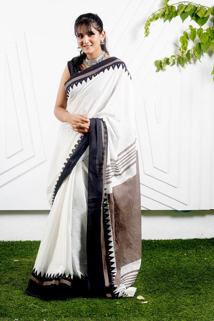 Teejh Moonlight White & Brown Print Mulmul Cotton Saree