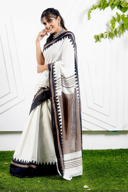 Teejh Moonlight White & Brown Print Mulmul Cotton Saree