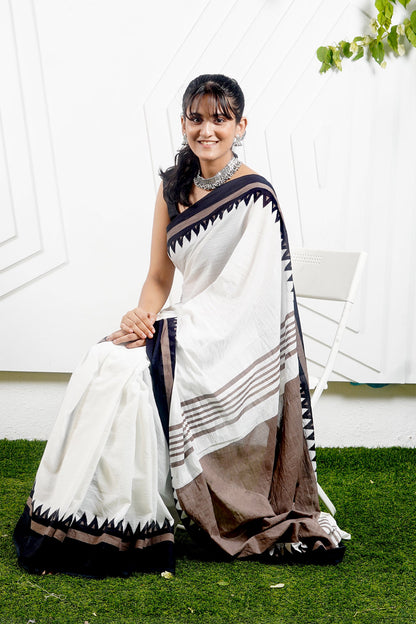 Teejh Moonlight White & Brown Print Mulmul Cotton Saree