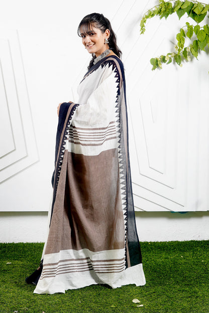 Teejh Moonlight White & Brown Print Mulmul Cotton Saree
