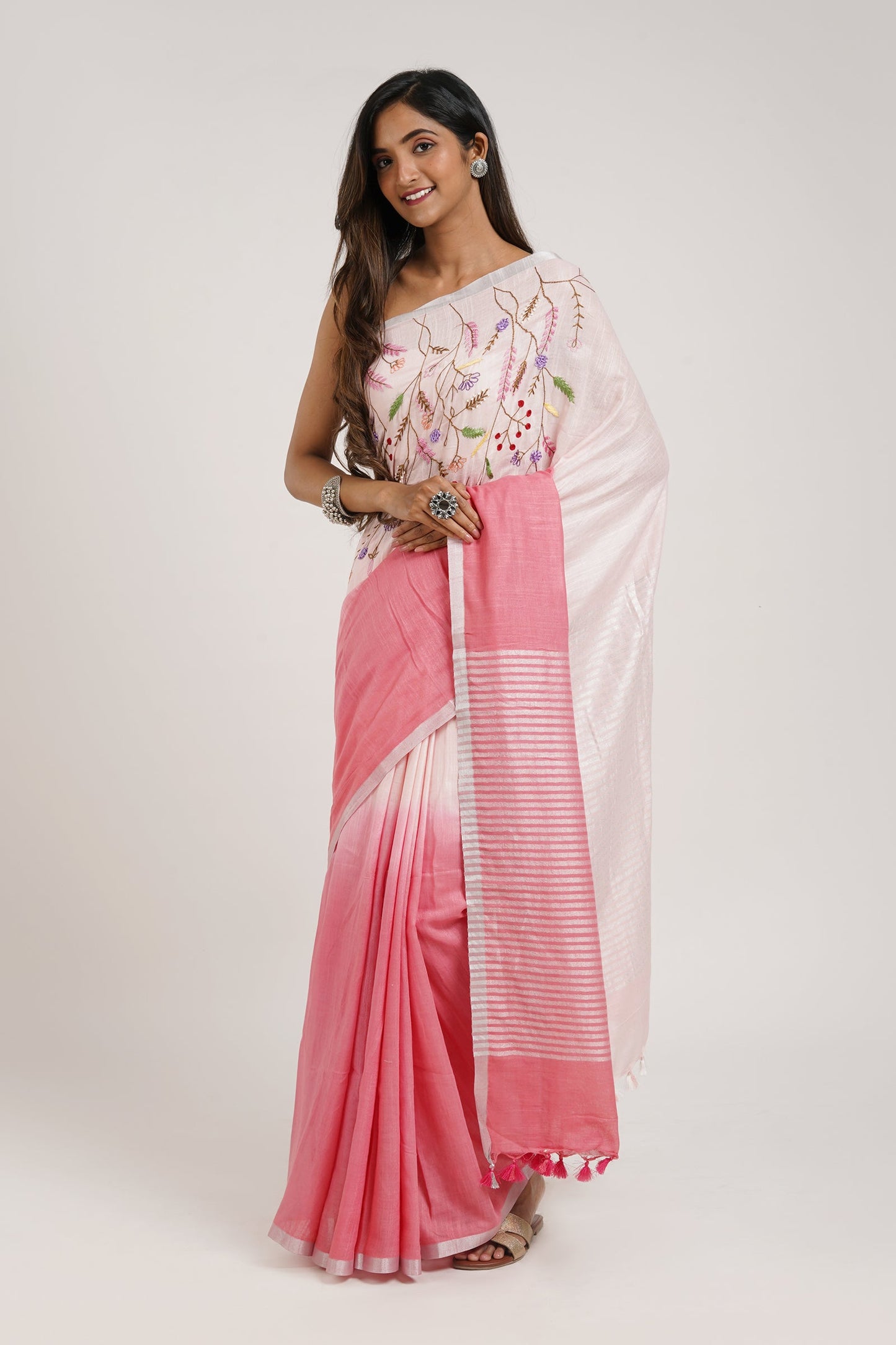 Teejh Spring Sunshine Light Pink Linen Saree With Blouse Piece