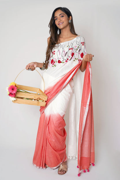 Teejh Floral Wave Red and White Linen Saree with Blouse Piece