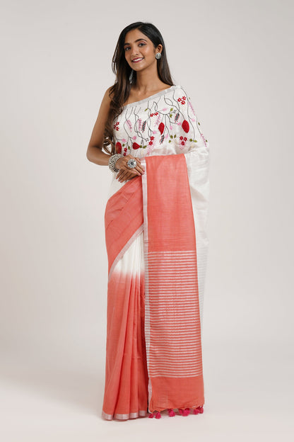 Teejh Floral Wave Red and White Linen Saree with Blouse Piece