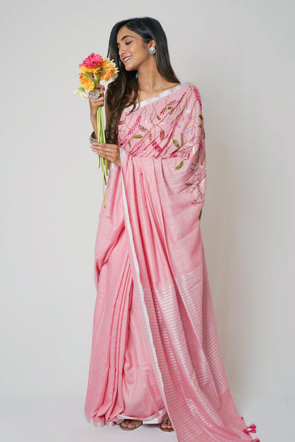 Teejh Powder Pink Crush  Light Pink Linen Saree with Blouse  Piece