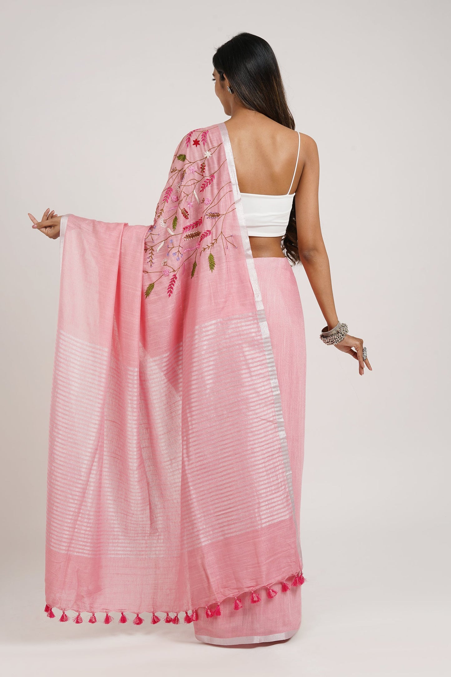Teejh Powder Pink Crush  Light Pink Linen Saree with Blouse  Piece