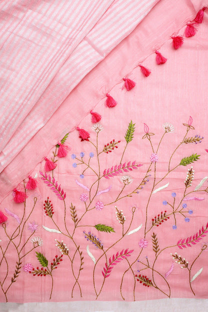 Teejh Powder Pink Crush  Light Pink Linen Saree with Blouse  Piece
