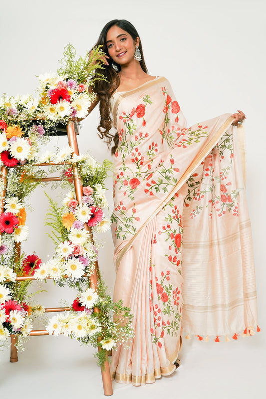 Teejh Gulrang Cream and Pink Silk Linen Saree with Blouse Piece