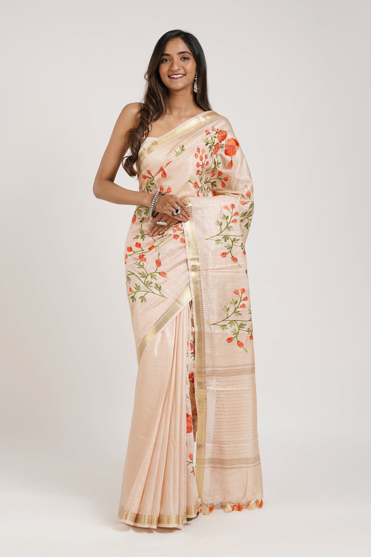 Teejh Gulrang Cream and Pink Silk Linen Saree with Blouse Piece