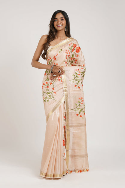 Teejh Gulrang Cream and Pink Silk Linen Saree with Blouse Piece