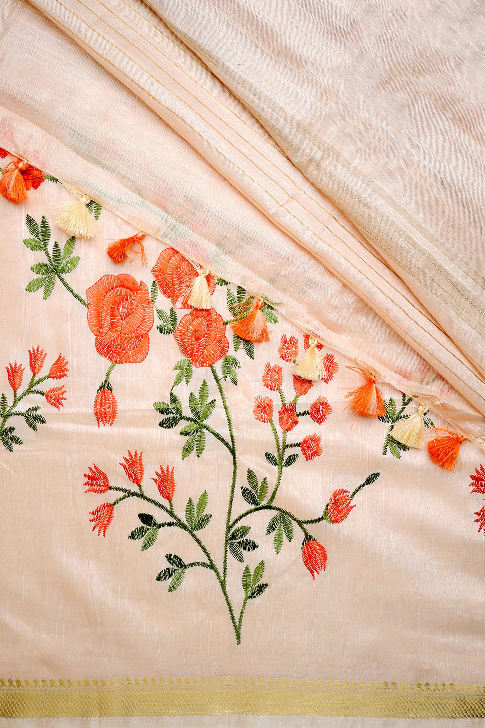 Teejh Gulrang Cream and Pink Silk Linen Saree with Blouse Piece