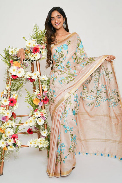 Teejh Gulrang Cream and Blue Silk Linen Saree with Blouse Piece