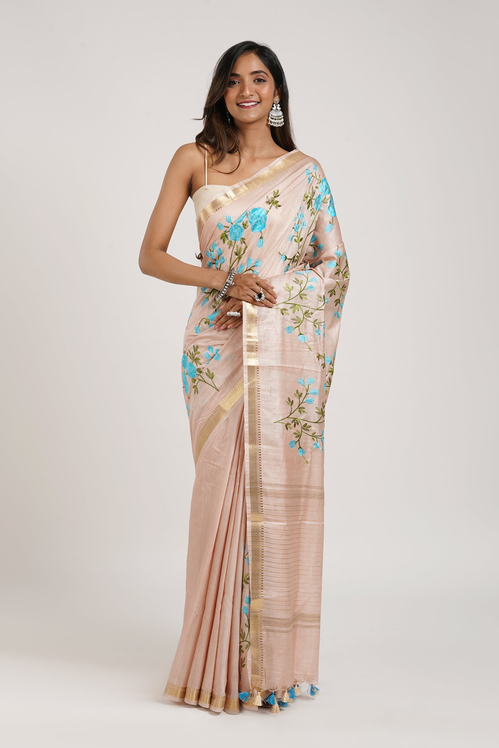 Teejh Gulrang Cream and Blue Silk Linen Saree with Blouse Piece