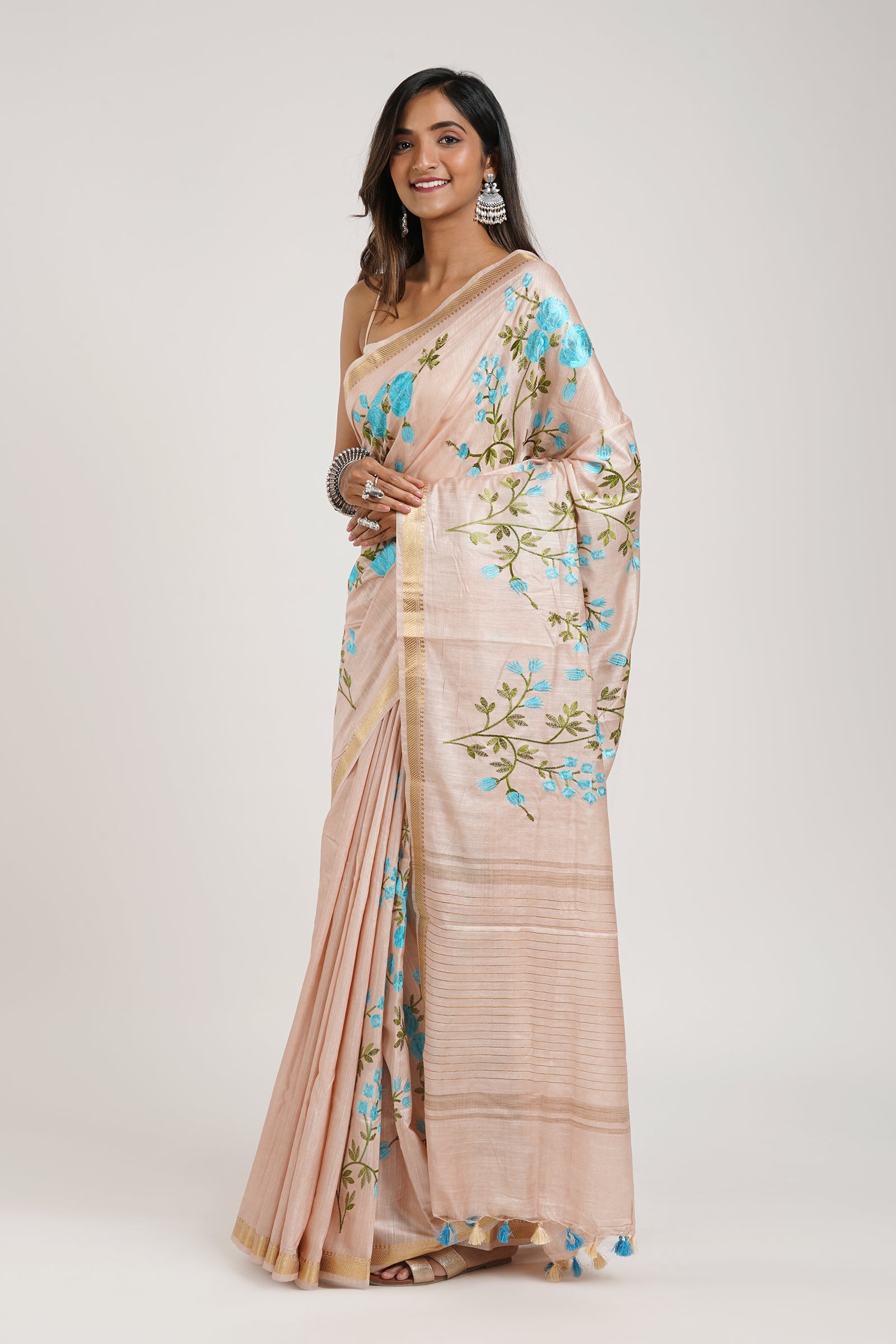 Teejh Gulrang Cream and Blue Silk Linen Saree with Blouse Piece