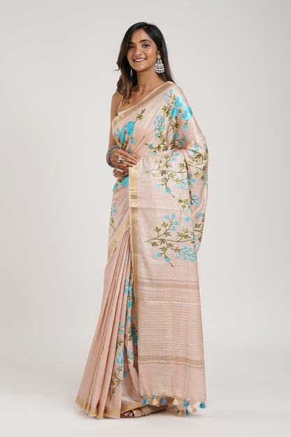 Teejh Gulrang Cream and Blue Silk Linen Saree with Blouse Piece
