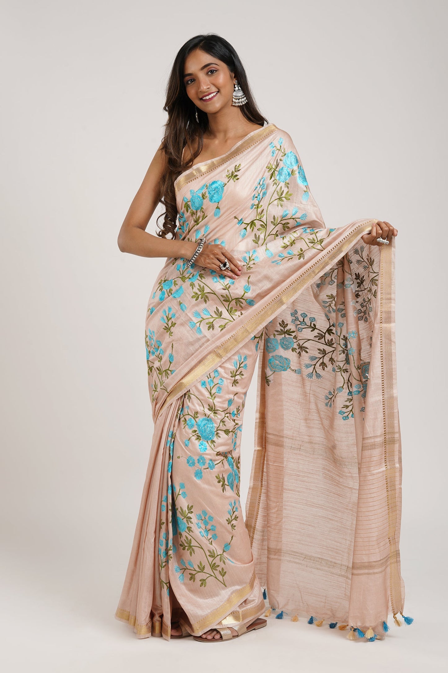 Teejh Gulrang Cream and Blue Silk Linen Saree with Blouse Piece