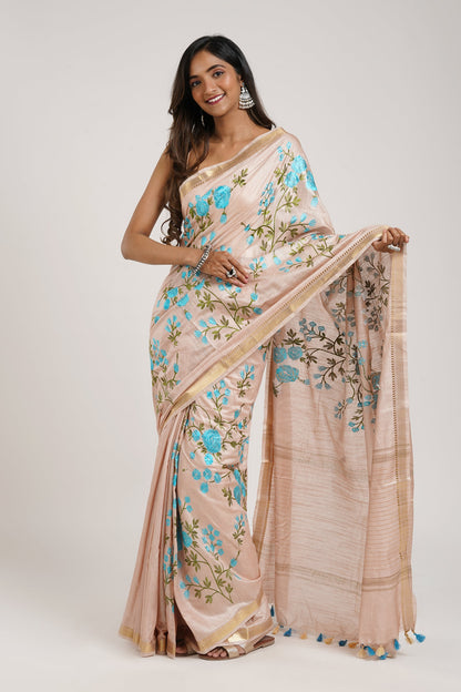 Teejh Gulrang Cream and Blue Silk Linen Saree with Blouse Piece